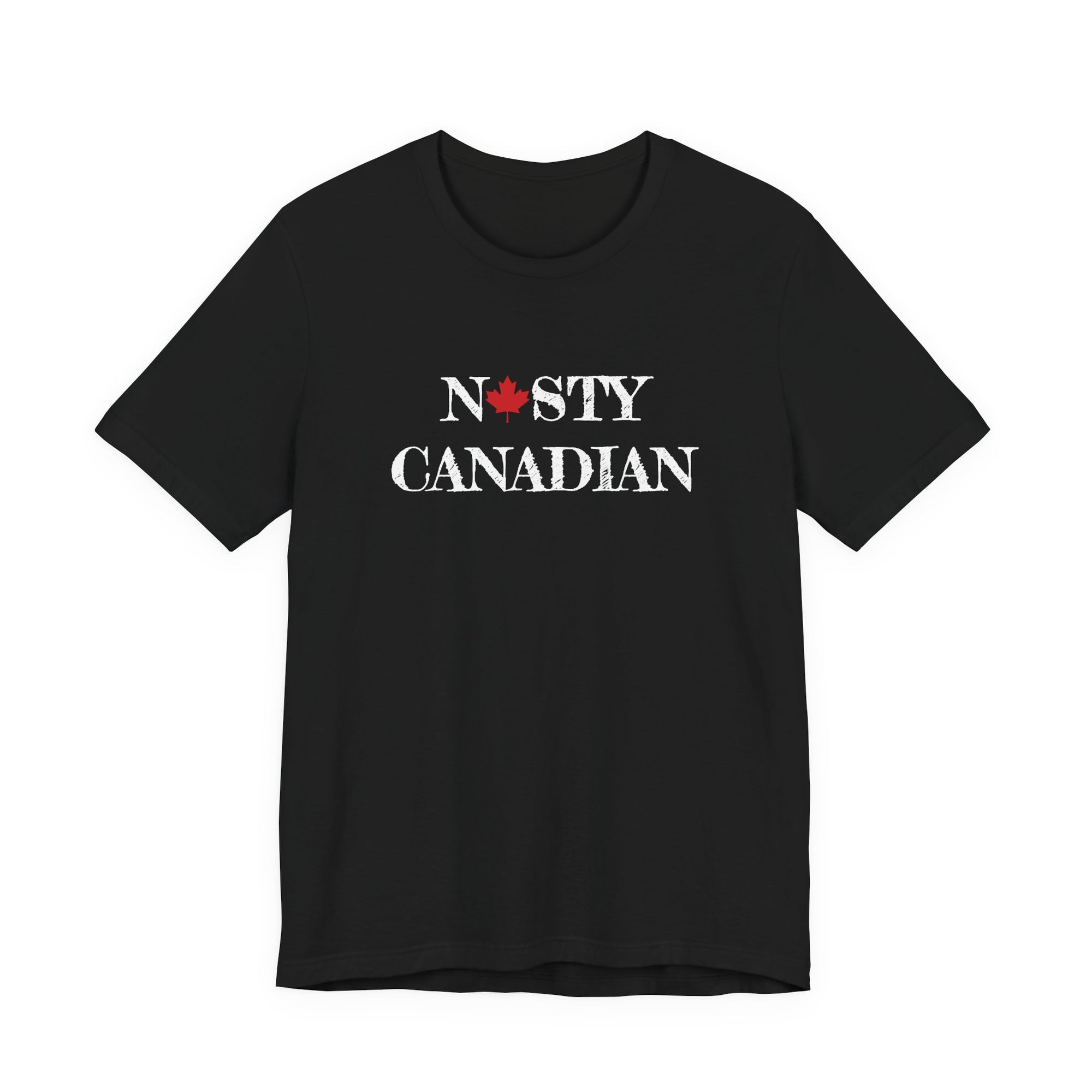 Black t-shirt with 'NASTY CANADIAN' text and a maple leaf on a white background