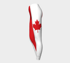 Leggings with a red maple leaf design on a white background