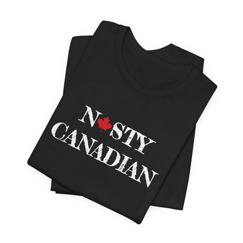 Black t-shirt with 'Nasty Canadian' text and red maple leaf on a white background