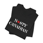 Black t-shirt with 'Nasty Canadian' text and red maple leaf on a white background