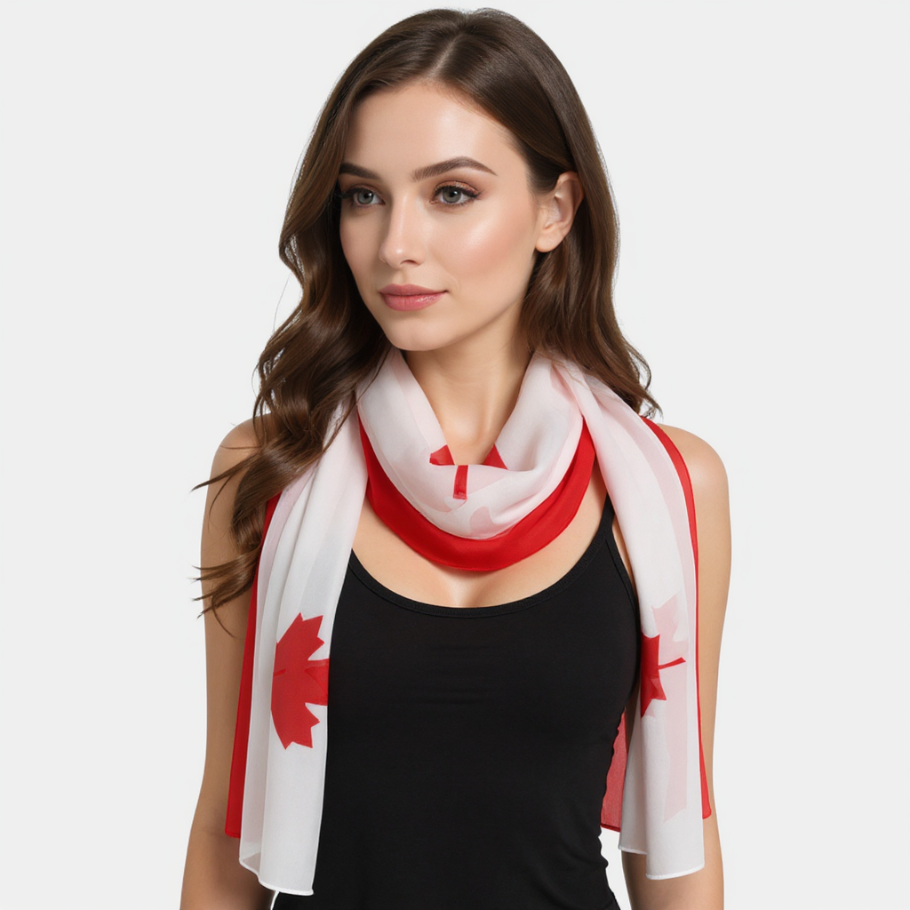 Woman wearing a white scarf with red patterns on a plain background
