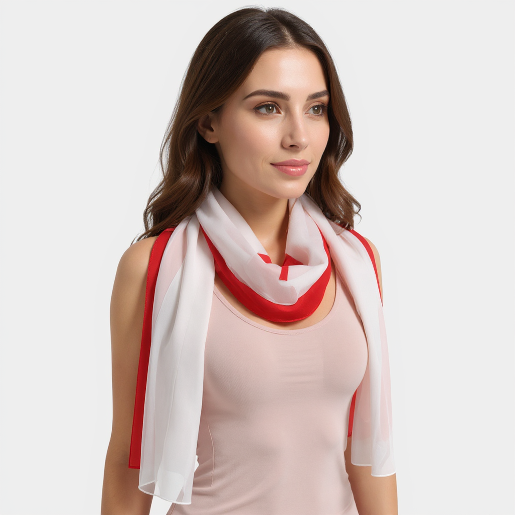 Woman wearing a white scarf with red accents on a plain background