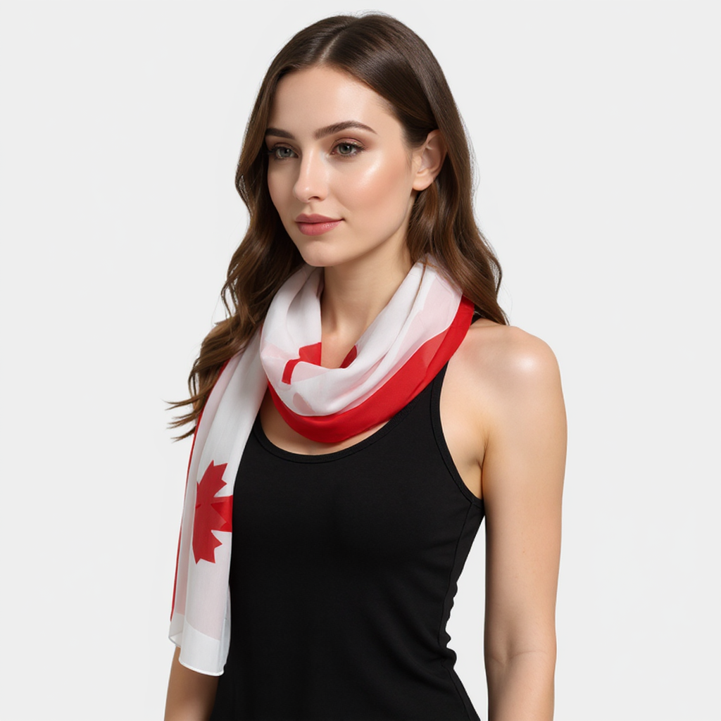 Woman wearing a scarf with a red and white design on a plain background