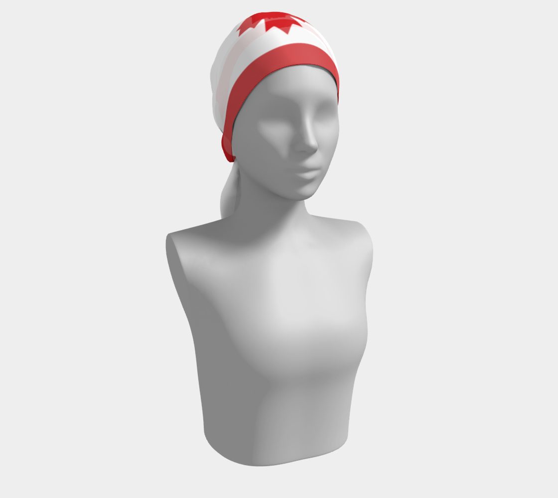 Mannequin head wearing a red and white beanie on a light gray background