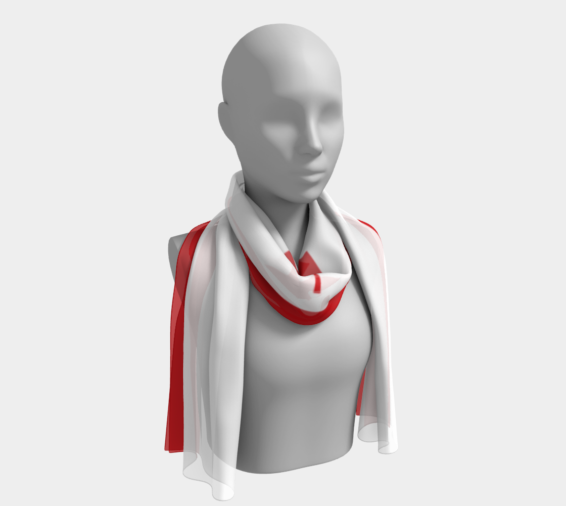 Mannequin wearing a white scarf with red accents on a light gray background