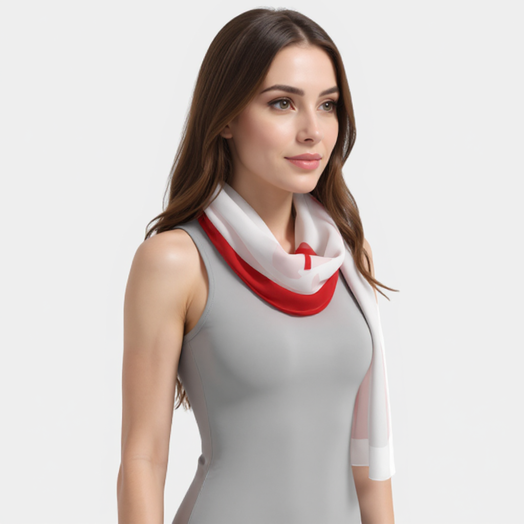 Woman wearing a red and white scarf on a plain background