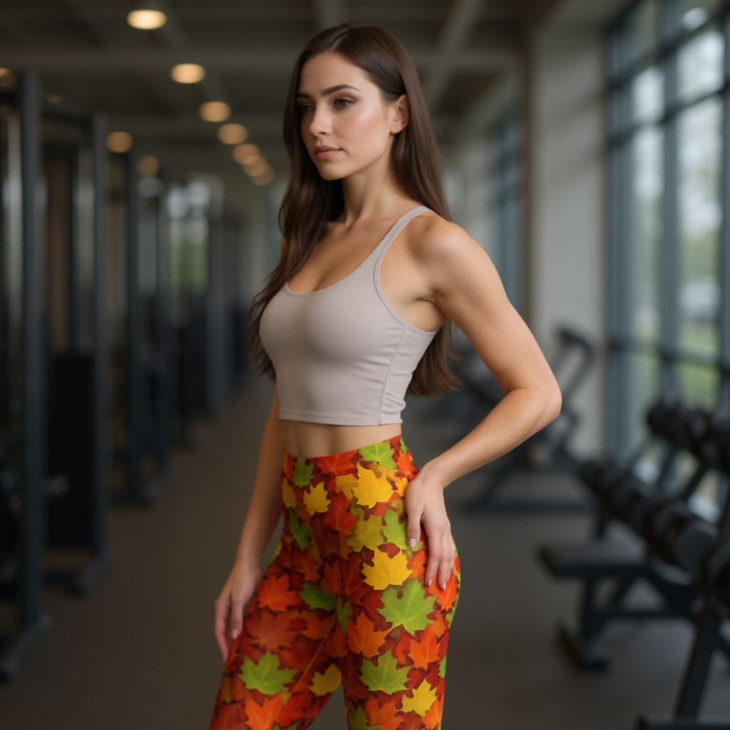 Woman in a gym wearing a beige sports bra and colorful leaf-patterned leggings.