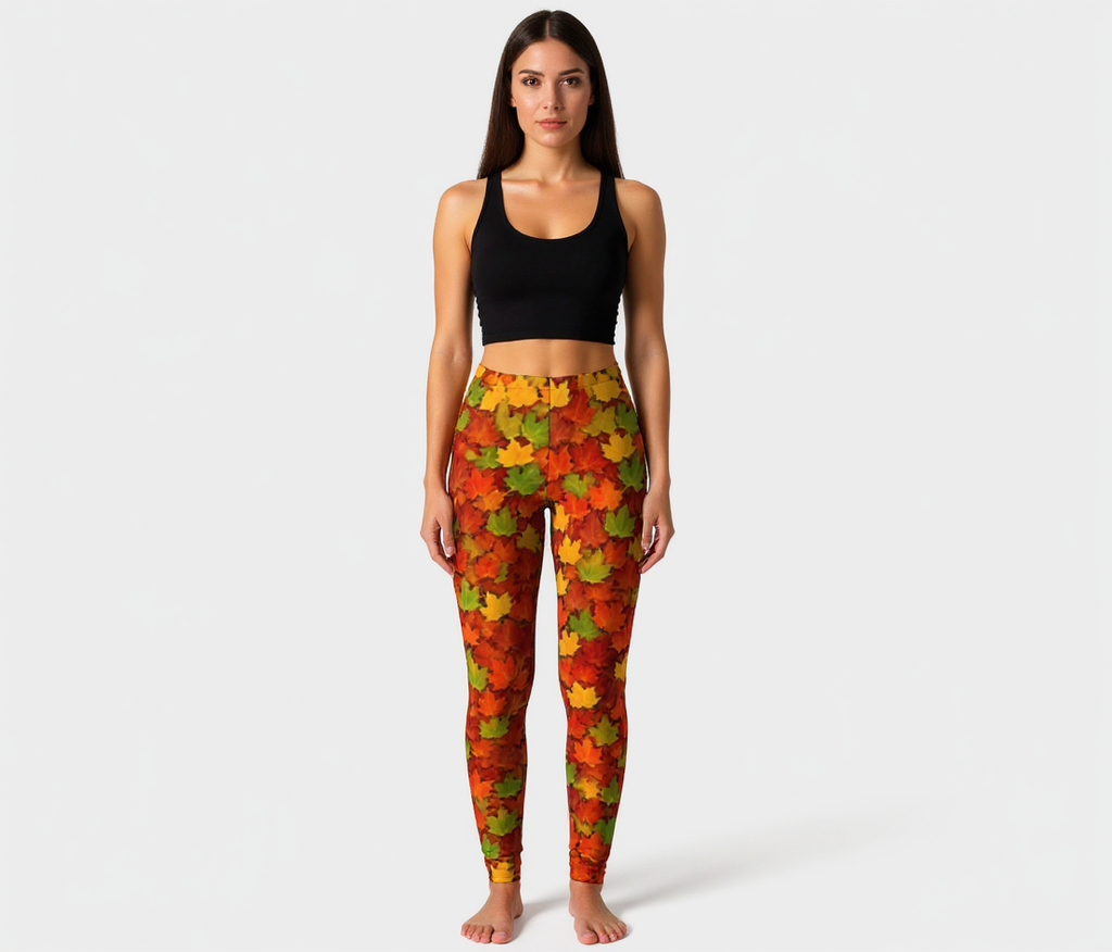 Woman wearing a black sports bra and colorful leaf-patterned leggings on a white background