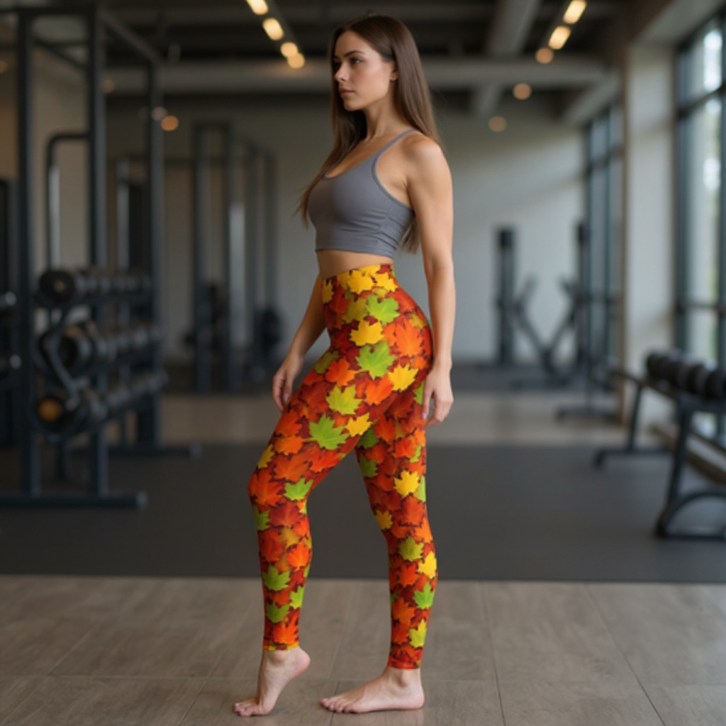 Woman wearing colorful leaf-patterned leggings in a gym setting