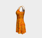 Orange dress with leaf pattern on a light gray background