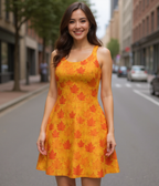 Woman wearing a yellow dress with red leaf pattern on a city street