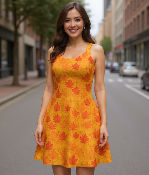 Woman wearing a yellow dress with red leaf pattern on a city street