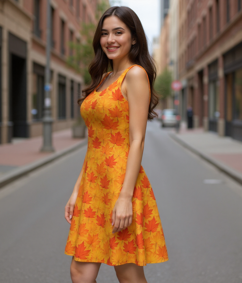 Woman wearing a yellow dress with red leaf pattern on a city street