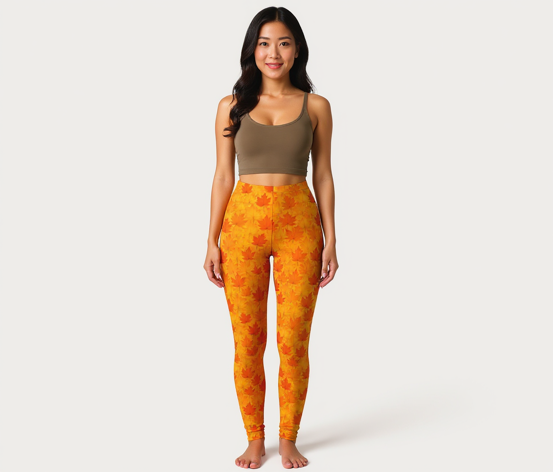 Woman wearing a brown sports bra and orange leggings with leaf pattern on a white background