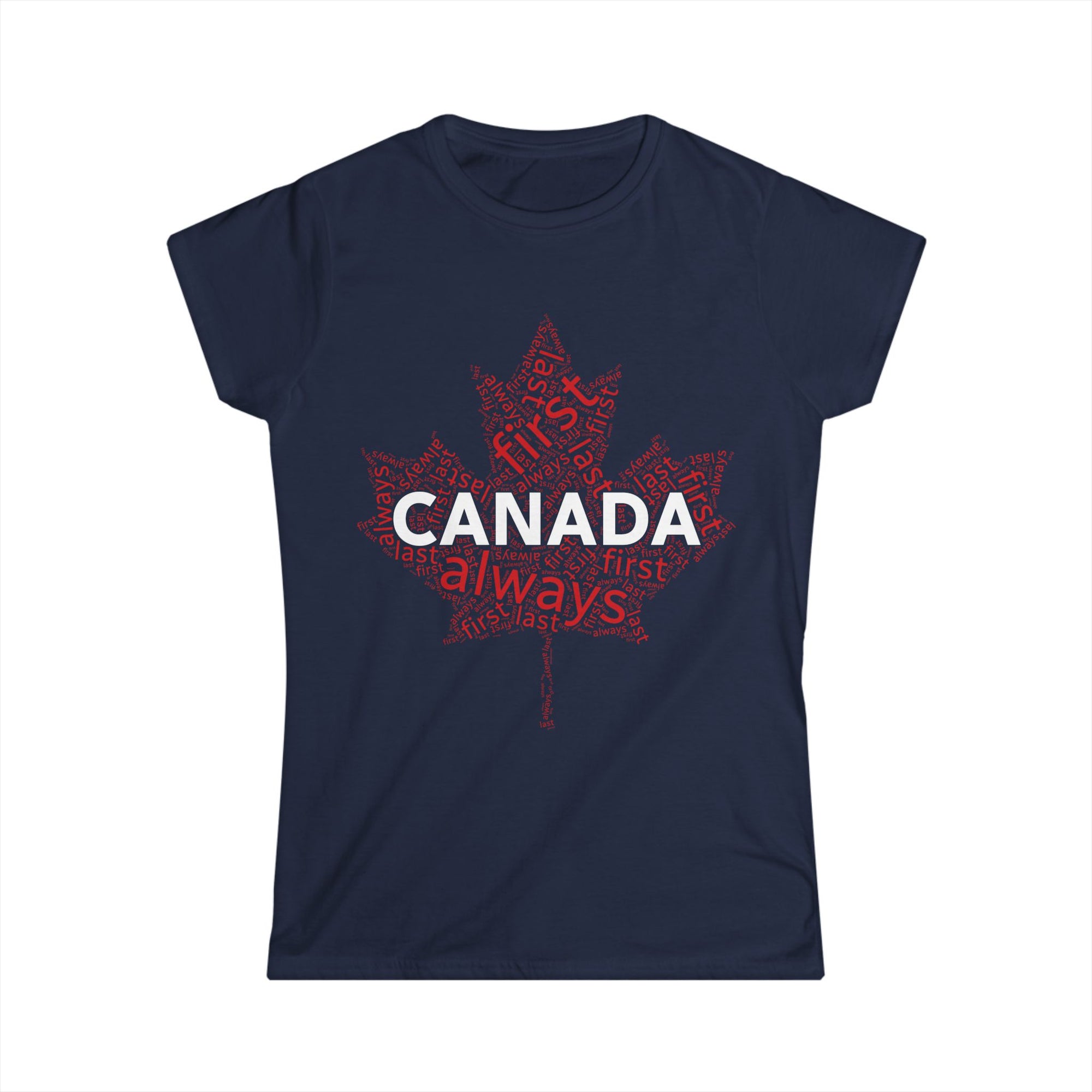 Canada first, last, always maple word cloud women's shirt navy