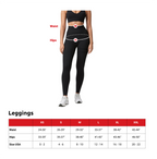 Person wearing black leggings with size chart on a white background