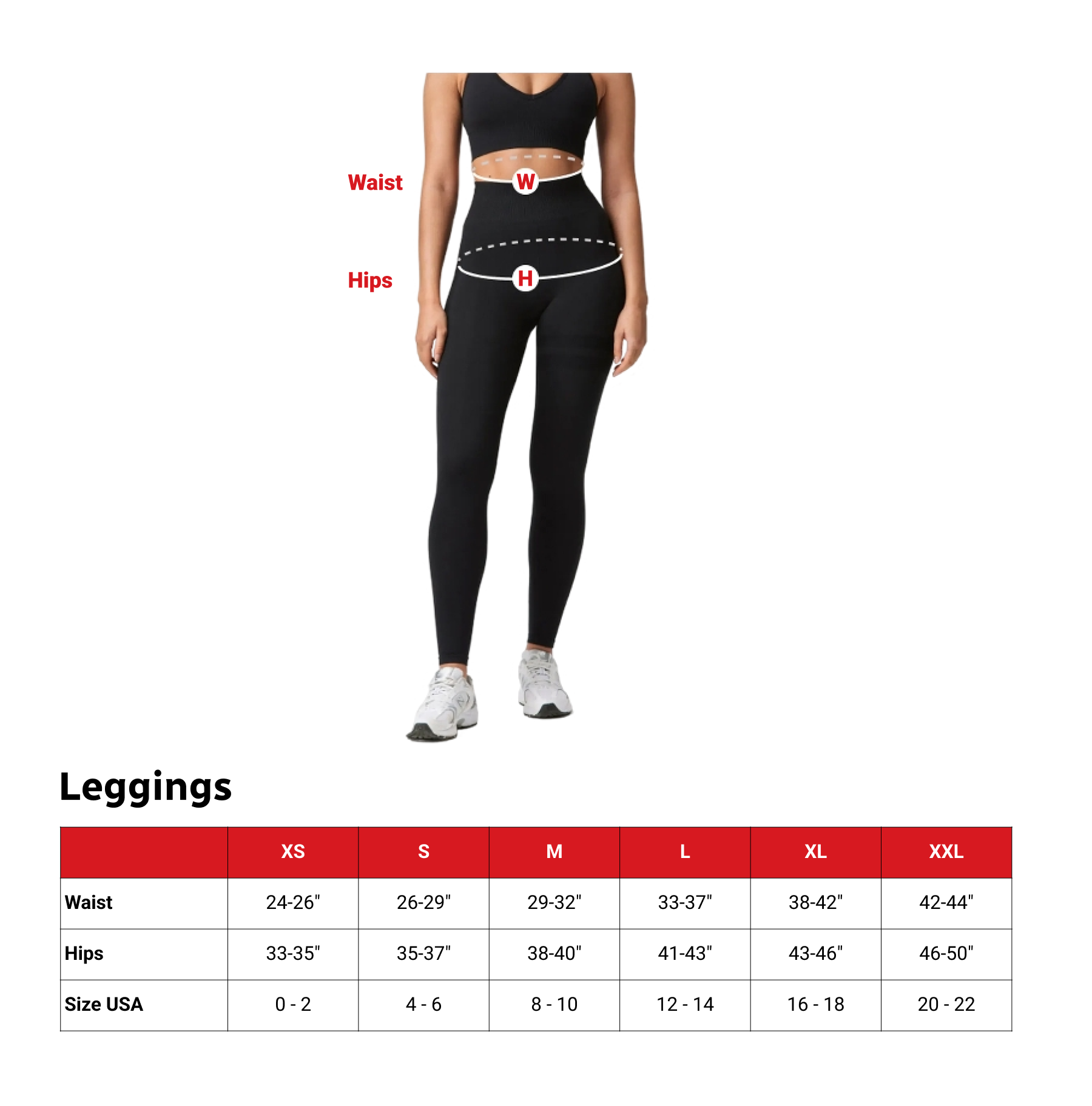 Person wearing black leggings with size chart on a white background