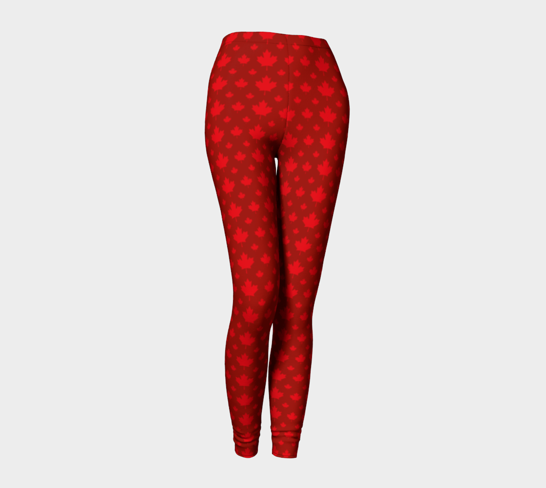Red leggings with a pattern of maple leaves on a light gray background