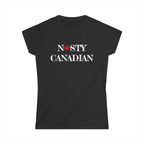 Black t-shirt with 'NASTY CANADIAN' text and a red maple leaf on a white background