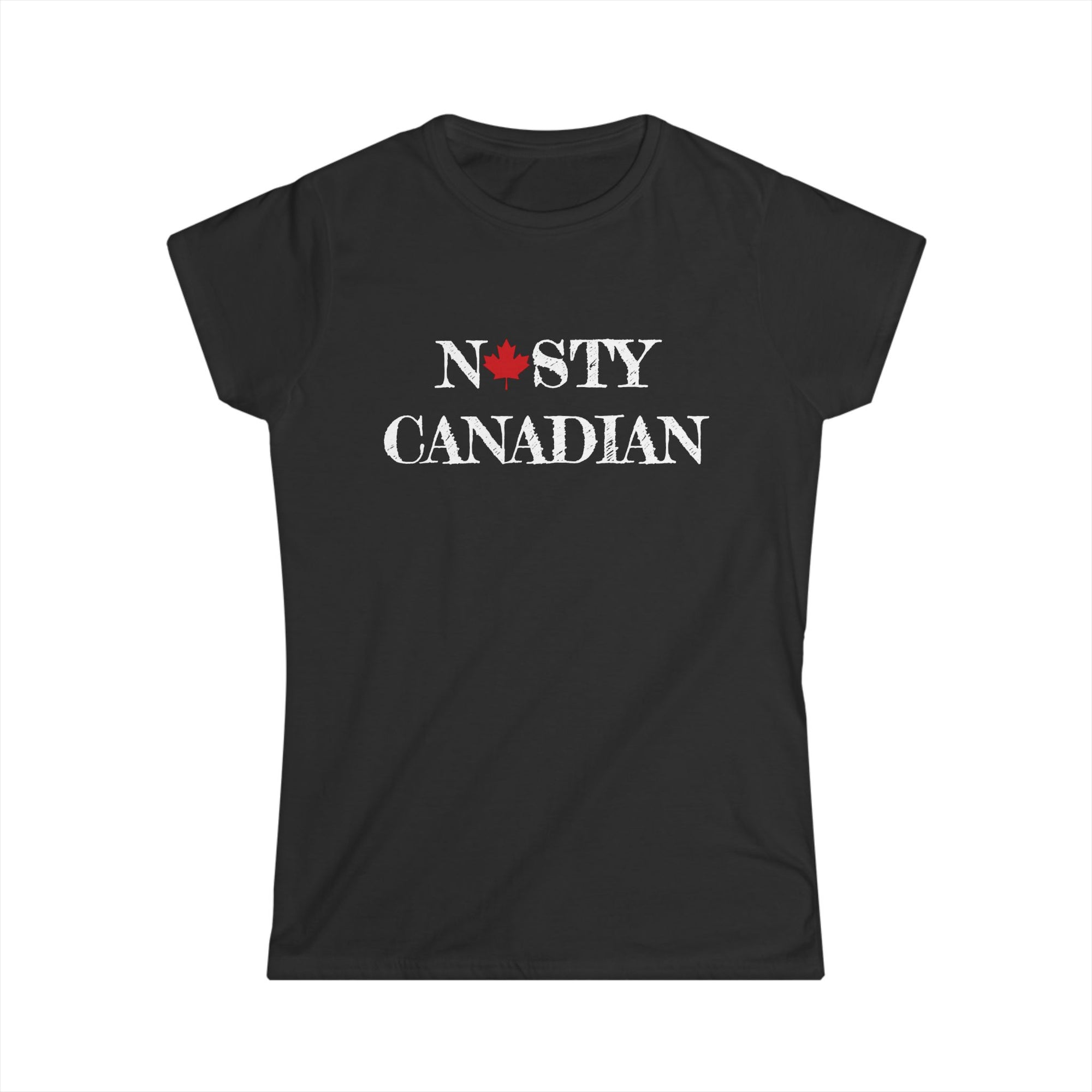 Black t-shirt with 'NASTY CANADIAN' text and a red maple leaf on a white background