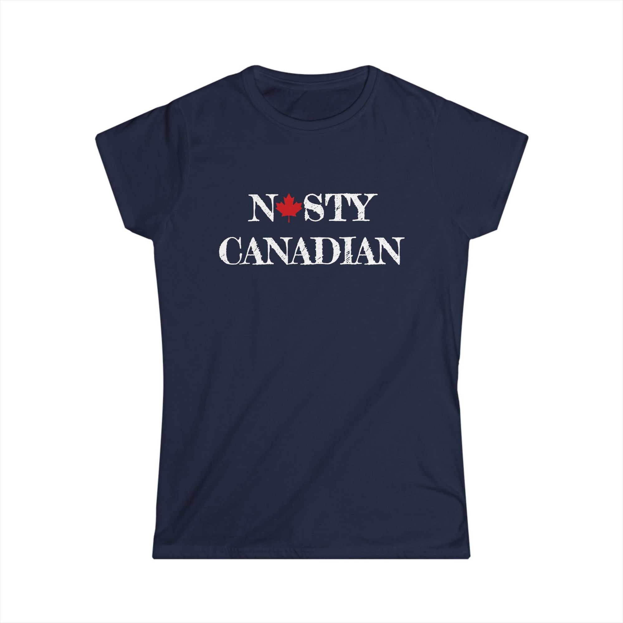 Navy blue t-shirt with 'NASTY CANADIAN' text and red maple leaf on a white background