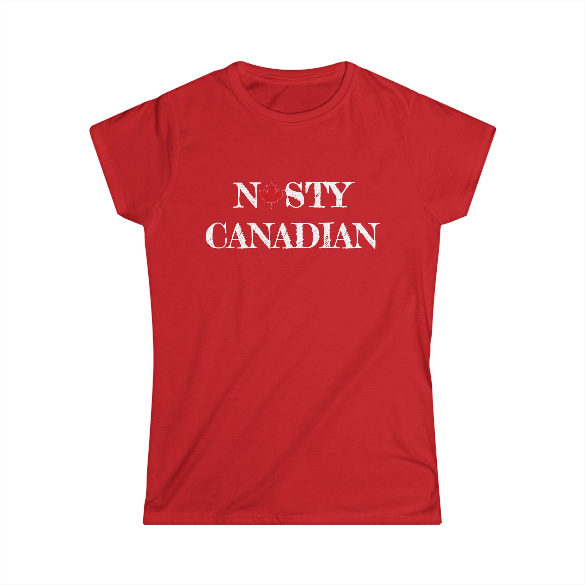 Red t-shirt with 'Nasty Canadian' text on a white background