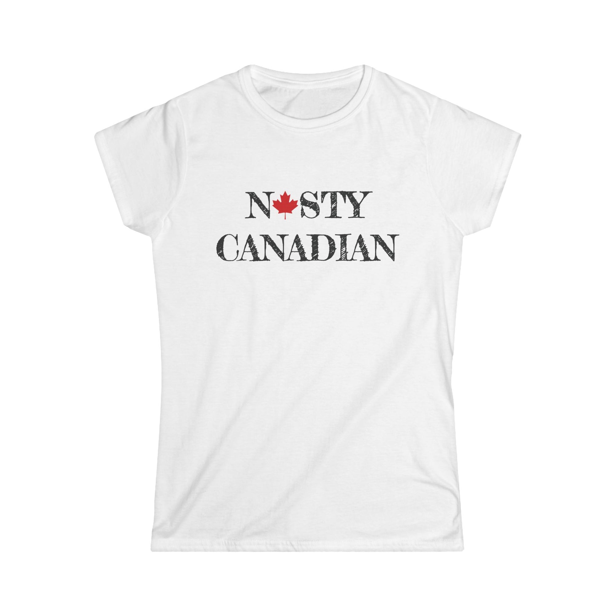 White t-shirt with 'Nasty Canadian' text and a maple leaf on a white background