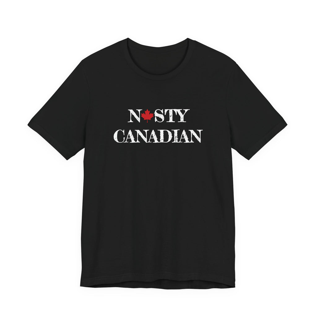Black t-shirt with 'NASTY CANADIAN' text and a maple leaf on a white background