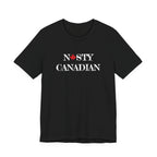 Black t-shirt with 'NASTY CANADIAN' text and a maple leaf on a white background